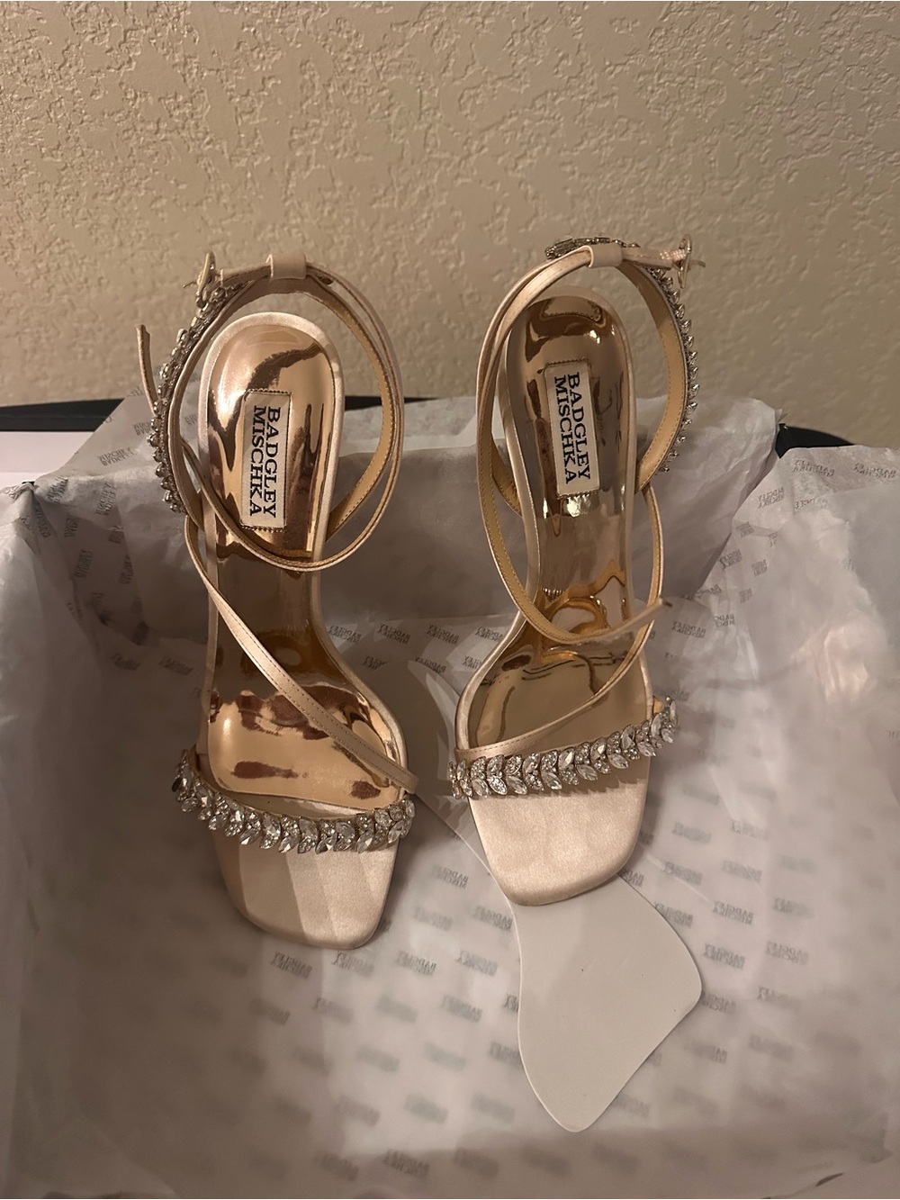 Badgley Mischka Nude Satin Crystal-Strap Heels - Picture 2 of 3